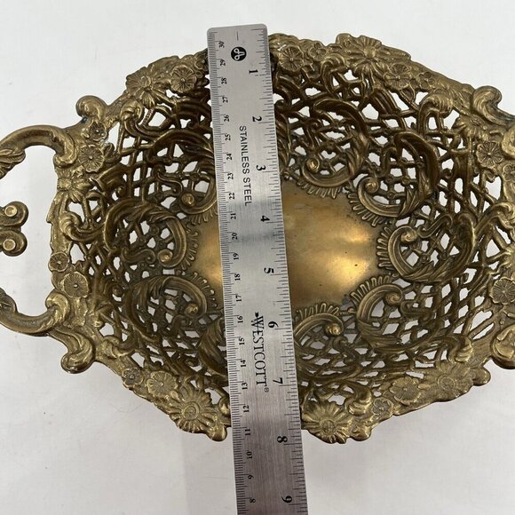 Vintage Ornate Brass Victorian Basket Tray Dish Floral Design 13.5'' - Picture 9 of 10